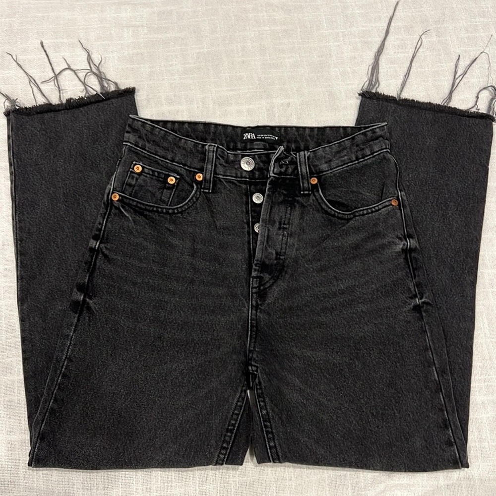 Zara High Waist Button Fly Distressed Hem Jeans | 2 | Black